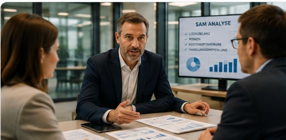 KI-generierte Darstellung: SAM Consulting mit Analyse von Lizenzsituation, Risiken und Potenzialen.