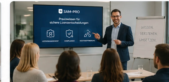 KI-generierte Darstellung: Vortragssituation mit Schulung zu Lizenzmanagement und Compliance.