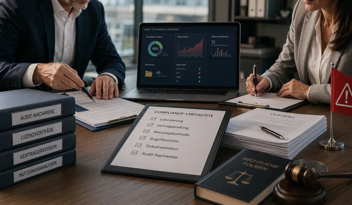 KI-generierte Darstellung: Audit- und Compliance-Situation am Besprechungstisch.
