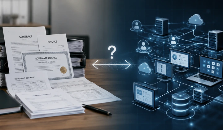 KI-generierte Darstellung: Verträge und Lizenzunterlagen im Vergleich mit einer IT-Infrastruktur.