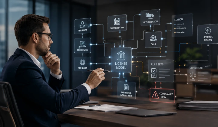 KI-generierte Darstellung komplexer Lizenzmodelle mit verschiedenen Metriken, Editionen, Regelwerken und Compliance-Risiken.