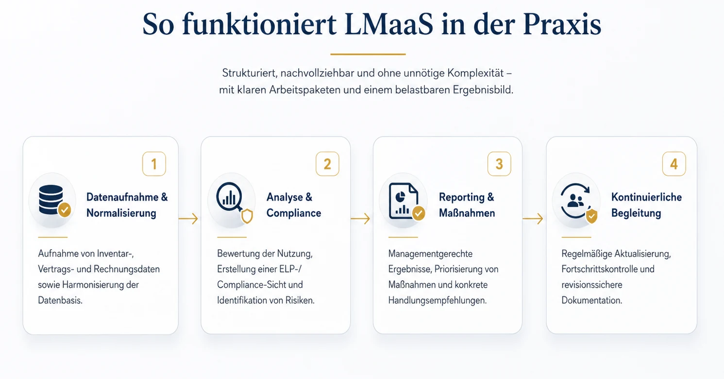 So funktioniert LMaaS in der Praxis: Datenaufnahme und Normalisierung, Analyse und Compliance, Reporting und Maßnahmen sowie kontinuierliche Begleitung.