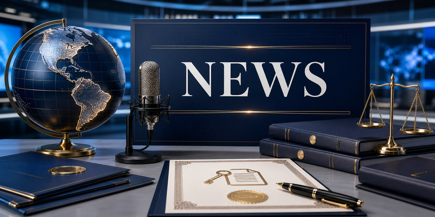 KI-generierte Darstellung: Internationale Lizenz-News mit Globus, Nachrichtenstudio und Lizenzurkunde