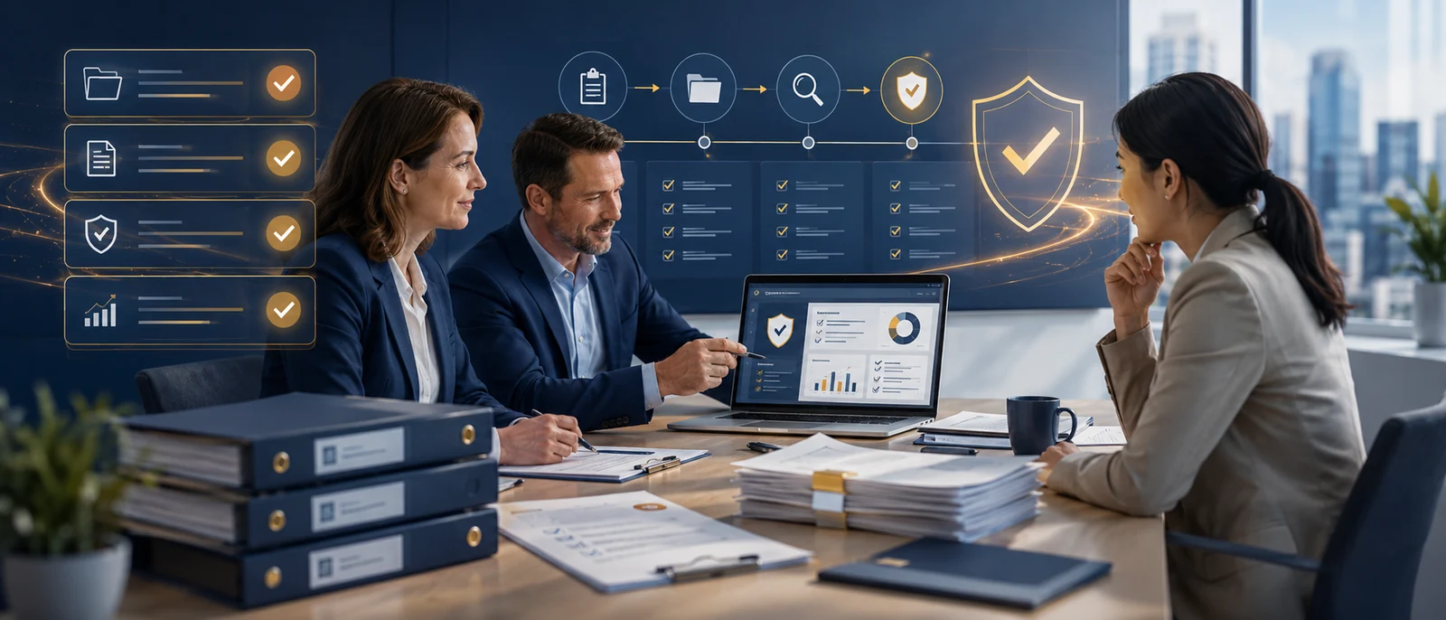 KI-generierte Darstellung: Audit- und Compliance-Besprechung im modernen Büro als Symbol für Audit Readiness