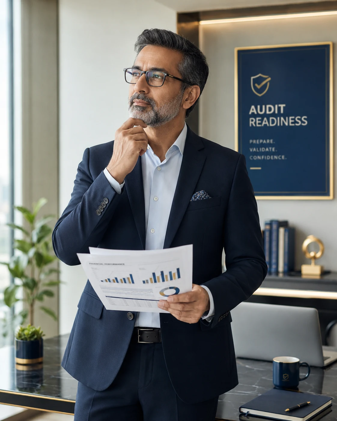 KI-generierte Darstellung: Nachdenklicher Geschäftsführer mit Dashboard und Vertragsunterlagen als Bild für die Bewertung von Audit-Risiken