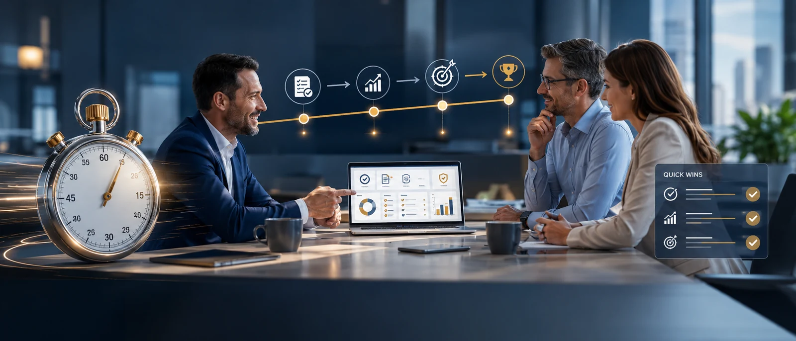 KI-generierte Darstellung: SAM Quick-Check mit Software-Asset-Management-Dashboard und Beratungssituation