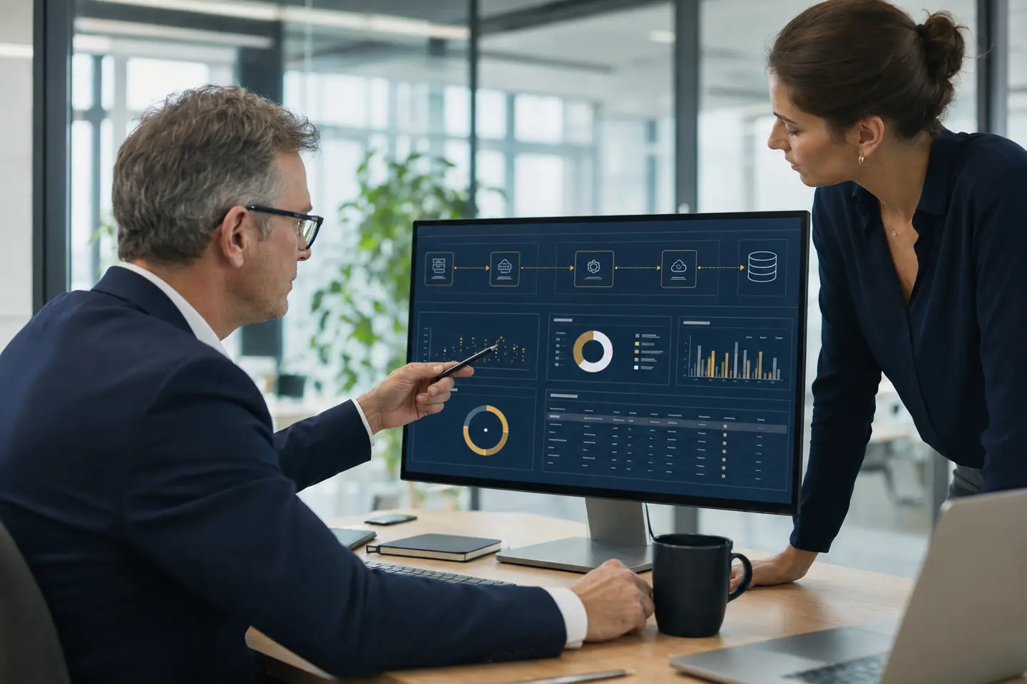 KI-generierte Darstellung: SAM-Berater und IT-Verantwortliche analysieren Datenqualität und Tool-Integration