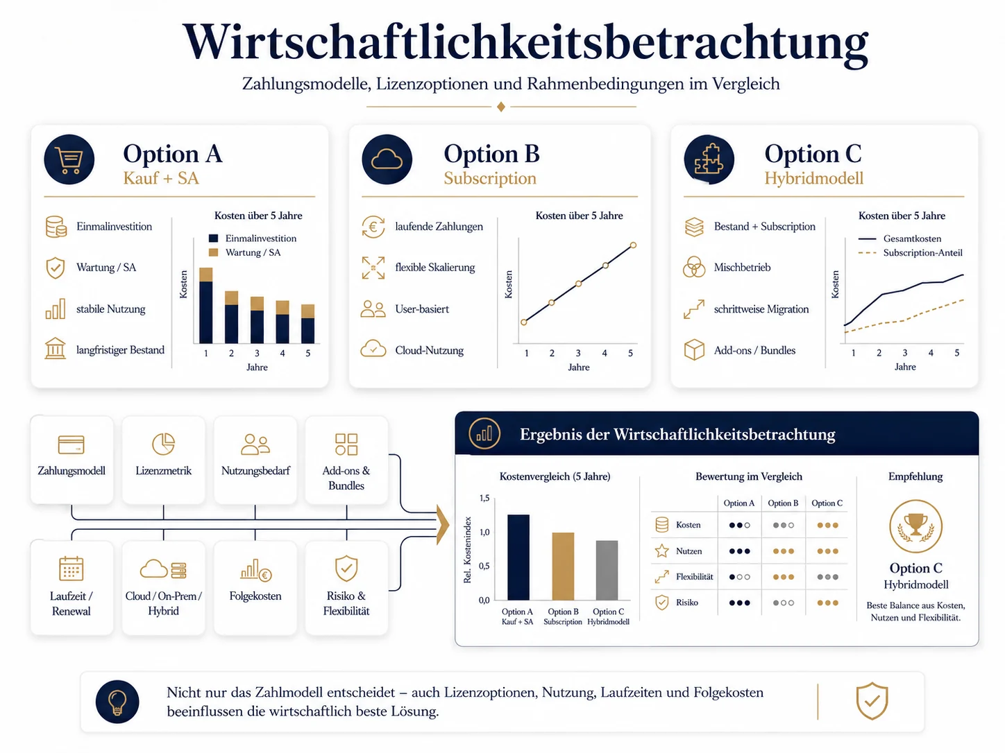 Wirtschaftlichkeitsbetrachtung mit Kauf und Software Assurance, Subscription, Hybridmodell, Lizenzmetriken, Nutzungsbedarf, Laufzeiten, Folgekosten und Risikobewertung