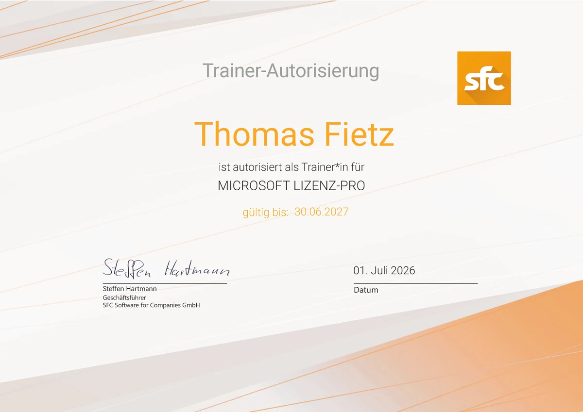 Vorschau der Trainer-Autorisierung für Thomas Fietz, Microsoft Lizenz-Pro